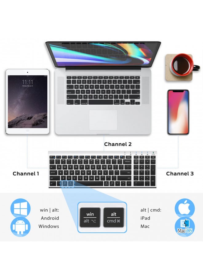 iClever - iClever BK10 Bluetooth Keyboard, Multi Device Keyboard Rechargeable Bluetooth 5.1 with Number Pad Ergonomic Design Full Size Stable Connection Keyboard for iPad, iPhone, Mac, iOS, Android, Windows - Image 1
