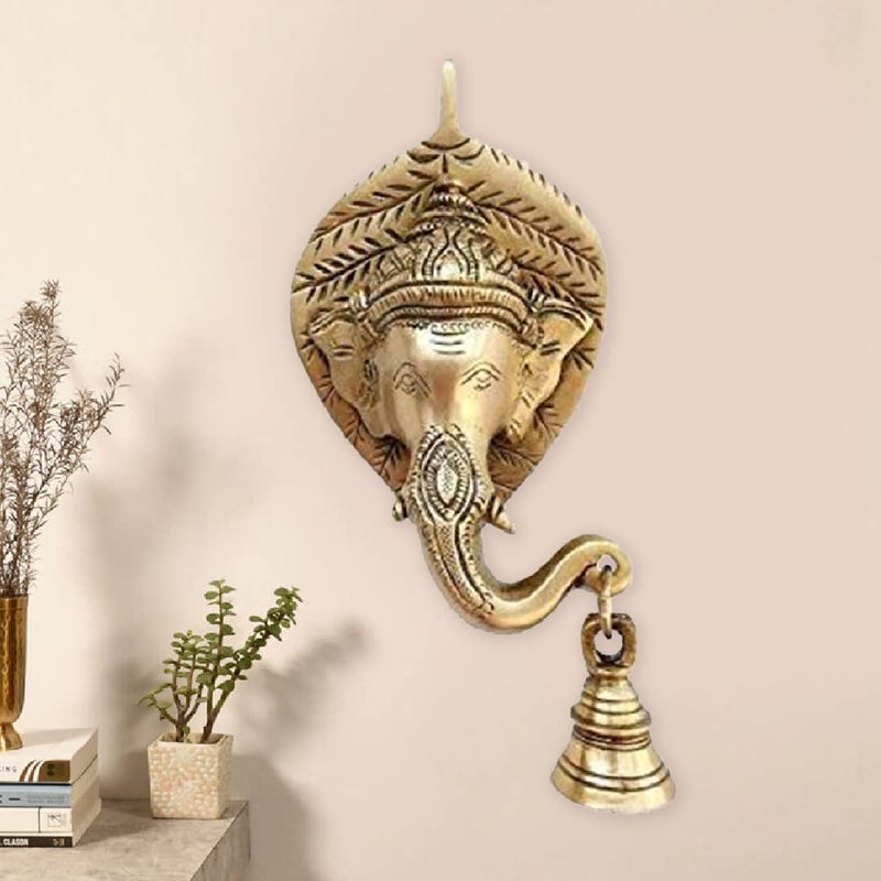 The Advitya Brass Elephant on Leaf Door Hanging Bell Wall Decor Antique Finish Mandir Ghanti GanpatiGanesha Face Temple Bell Wall Decoration Decorative Gate Ganesh BellKnocker 5 Inch