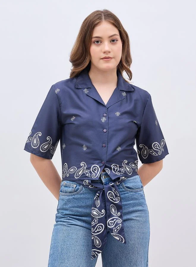 ستايلي Styli Paisley Print Resort Collar Blouse with Tie Knot Detail
