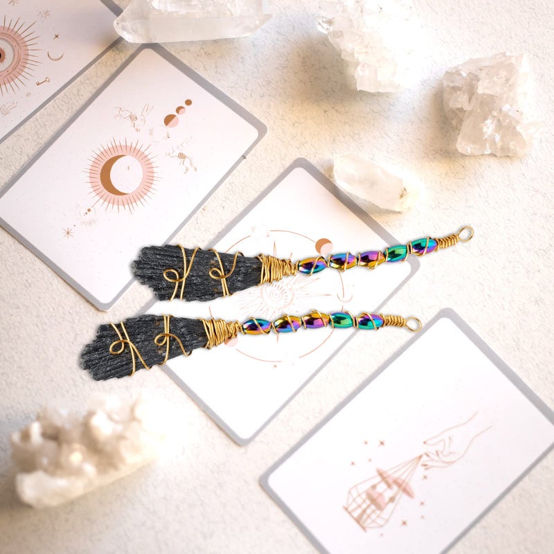 Runyangshi Natural Black Tourmaline Stone Handmade Magic Broom Raw Black Tourmaline Healing Crystal Feather Shape Crystal Craft Cleaning Reiki Energy Collect Home Decor - Image 3