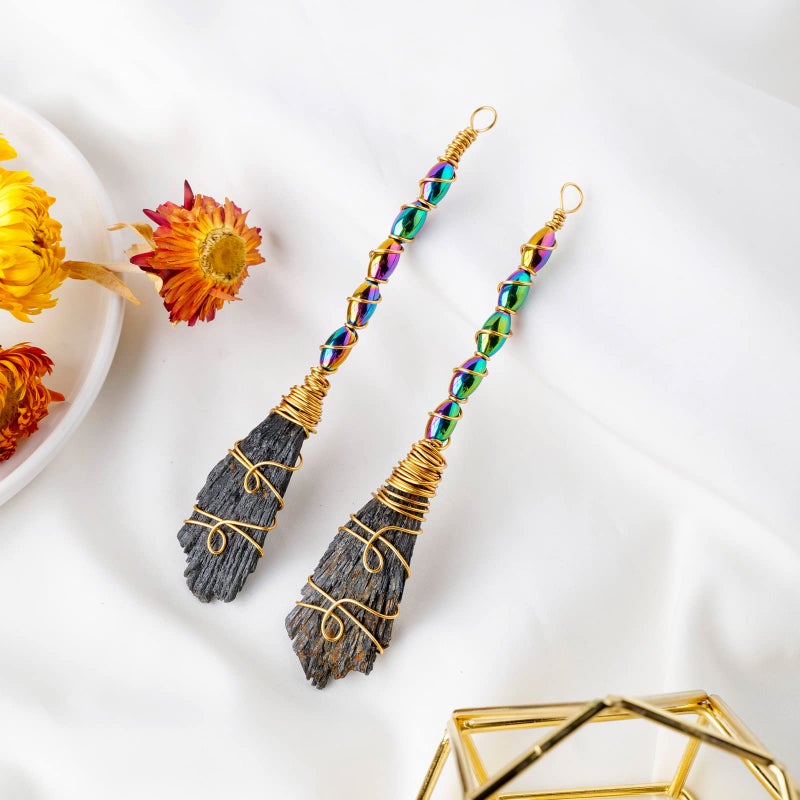 Runyangshi Natural Black Tourmaline Stone Handmade Magic Broom Raw Black Tourmaline Healing Crystal Feather Shape Crystal Craft Cleaning Reiki Energy Collect Home Decor - Image 5