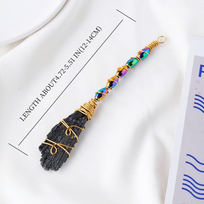 Runyangshi Natural Black Tourmaline Stone Handmade Magic Broom Raw Black Tourmaline Healing Crystal Feather Shape Crystal Craft Cleaning Reiki Energy Collect Home Decor - Image 2