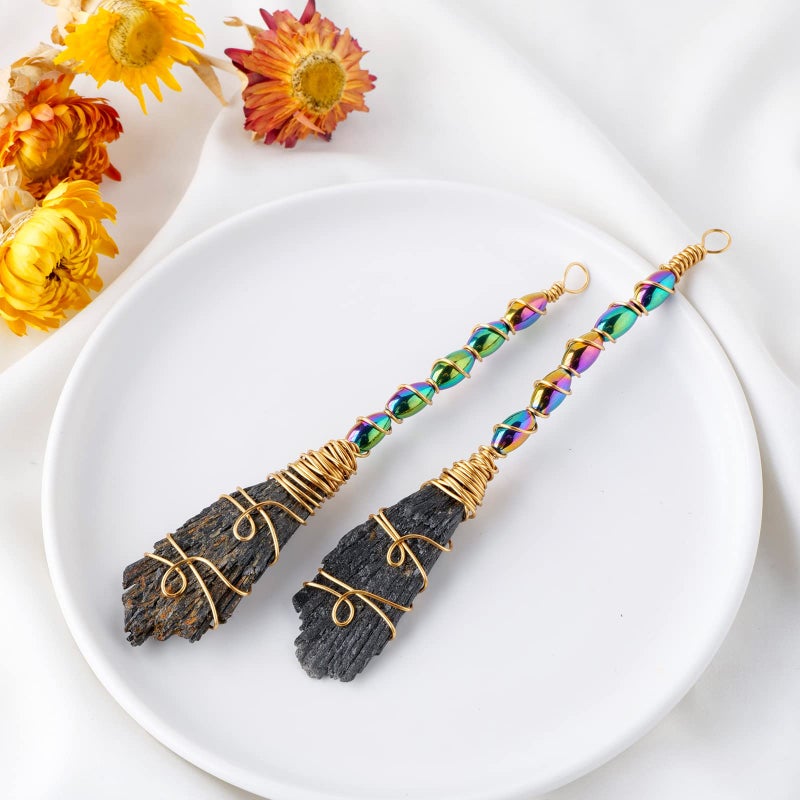Runyangshi Natural Black Tourmaline Stone Handmade Magic Broom Raw Black Tourmaline Healing Crystal Feather Shape Crystal Craft Cleaning Reiki Energy Collect Home Decor - Image 4