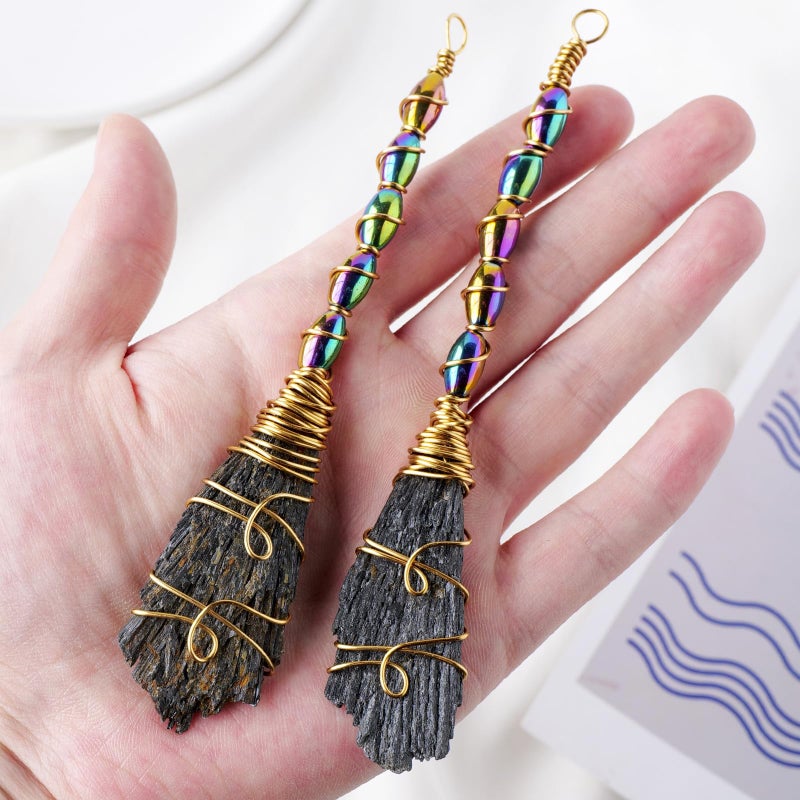 Runyangshi Natural Black Tourmaline Stone Handmade Magic Broom Raw Black Tourmaline Healing Crystal Feather Shape Crystal Craft Cleaning Reiki Energy Collect Home Decor - Image 1