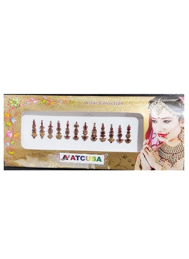 ATCUSA Multicolored Crystal Bindi Bridal face Jewels Forehead Tika Indian Bindis for women bindi Indian multicolor round long small gold (Long 12 Bindi - Dark Red (maroon)) 