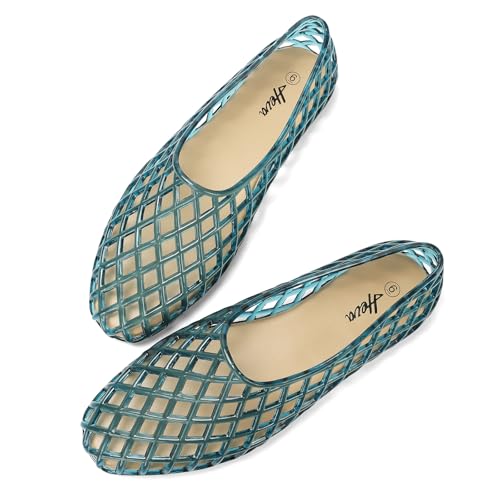 HEVA Women's Jelly Mesh Flats Breathable Clear Hollow Shoes Summer Beach Jellies Ballet Sandals(7 M US Grey Blue) - Image 1