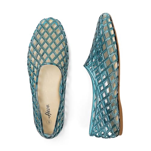 HEVA Women's Jelly Mesh Flats Breathable Clear Hollow Shoes Summer Beach Jellies Ballet Sandals(7 M US Grey Blue) - Image 5