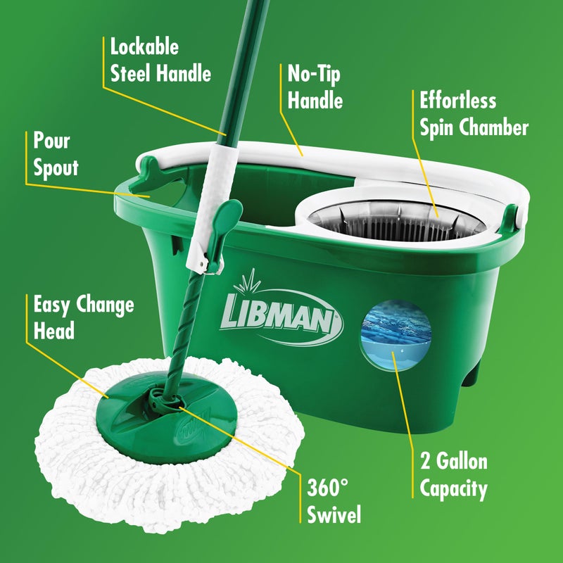 Libman Commercial Libman Tornado Spin Mop System and 1 Refill, Mop and Bucket with Wringer Set for Hardwood Floor Cleaning, 2 Total Heads Included - Image 4