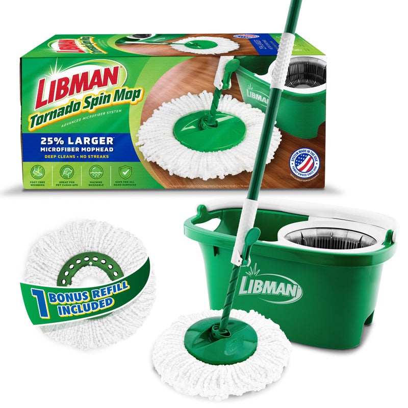 Libman Commercial Libman Tornado Spin Mop System and 1 Refill, Mop and Bucket with Wringer Set for Hardwood Floor Cleaning, 2 Total Heads Included - Image 1