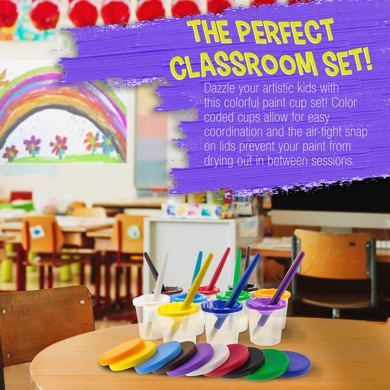 US Art Supply U.S. Art Supply 10 Piece Children's No Spill Paint Cups with Colored Lids and 10 Piece Large Round Brush Set with Plastic Handles - Image 4