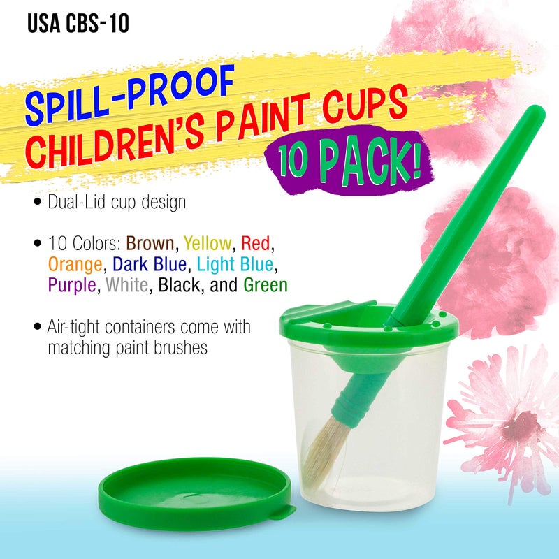 US Art Supply U.S. Art Supply 10 Piece Children's No Spill Paint Cups with Colored Lids and 10 Piece Large Round Brush Set with Plastic Handles - Image 2