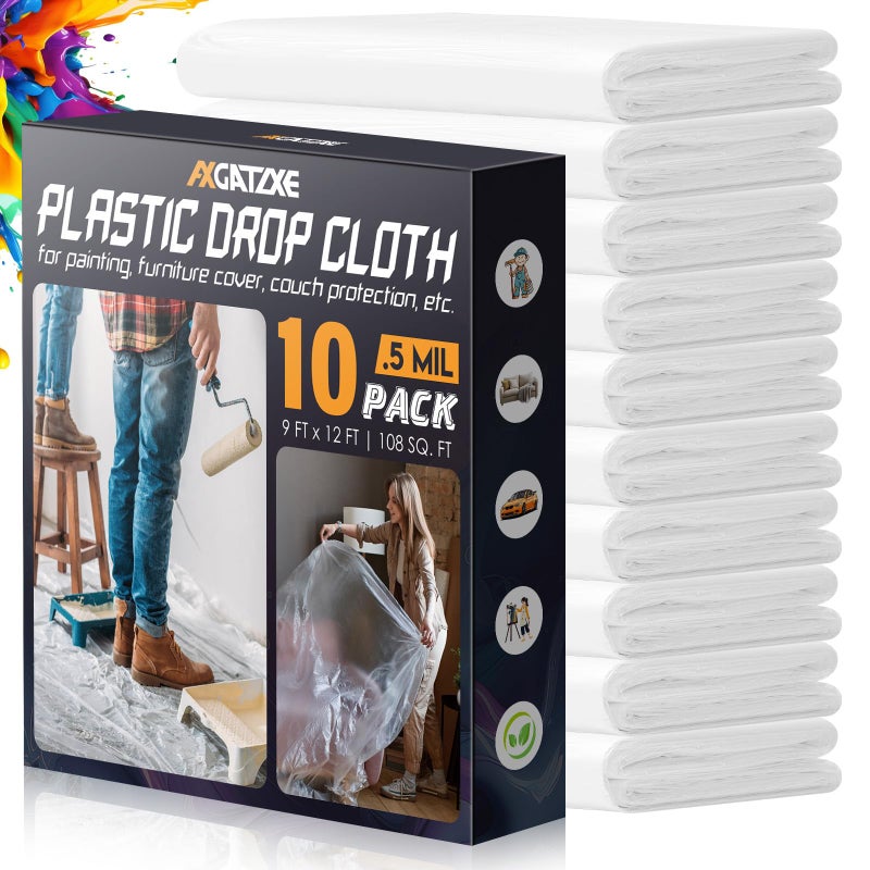Axgatoxe 12 x 9 Ft Plastic Drop Cloths (10-Pack) - Disposable Painter's Sheeting & Tarps for Painting, Waterproof Furniture/Couch/Floor Protection - Image 1