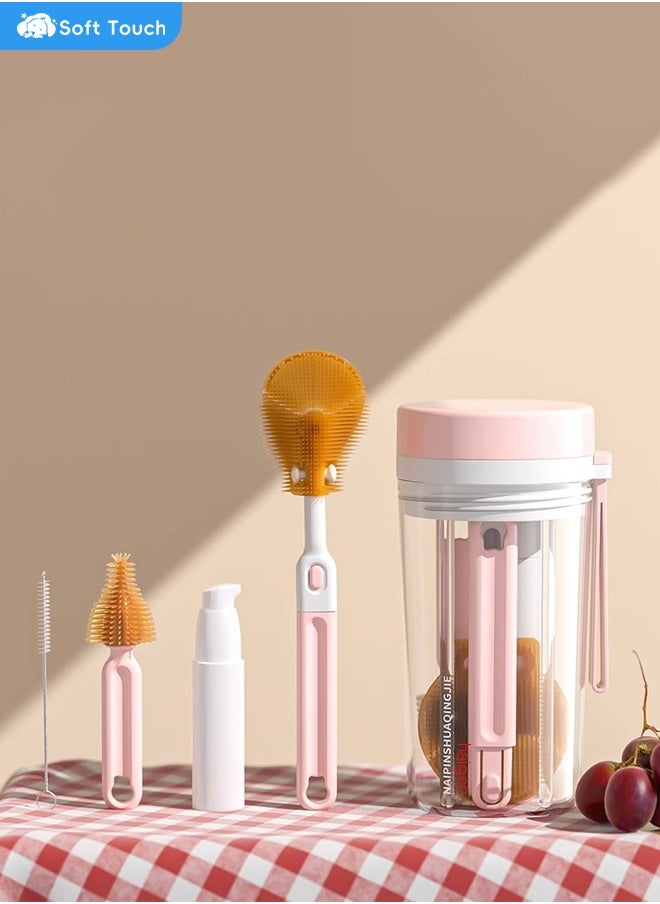 Soft Touch Bottle Brush Set Baby Bottle Cleaner Kit With Silicone Brush Nipple Brush Straw Brush Soap Dispenser Cleaning Silicone Portable Bottle Brush  Tool for Home and Travel  - Image 2