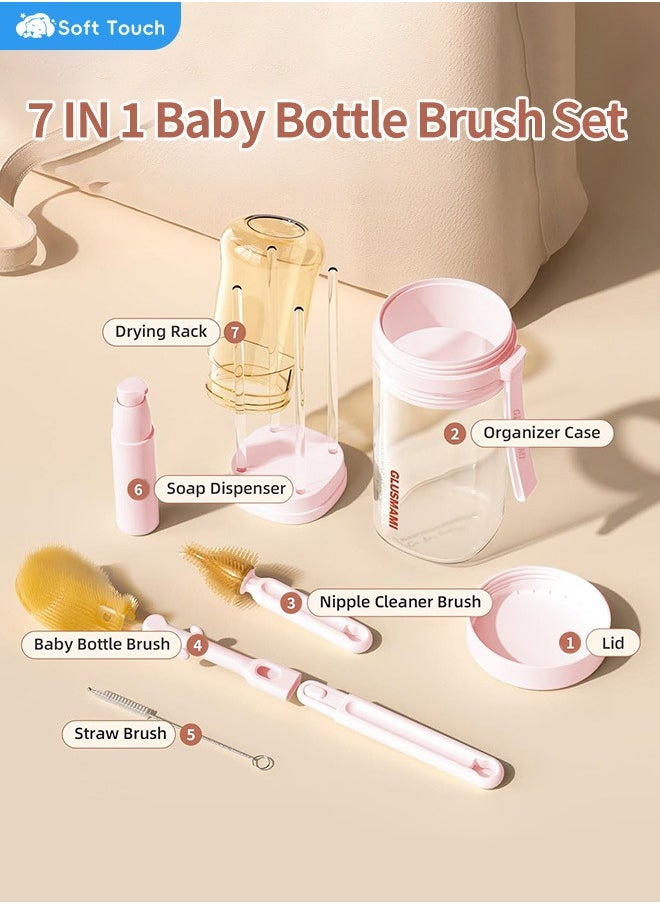 Soft Touch Bottle Brush Set Baby Bottle Cleaner Kit With Silicone Brush Nipple Brush Straw Brush Soap Dispenser Cleaning Silicone Portable Bottle Brush  Tool for Home and Travel  - Image 3