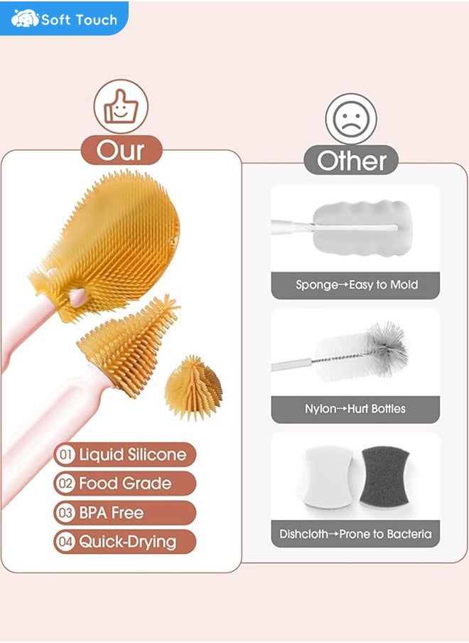 Soft Touch Bottle Brush Set Baby Bottle Cleaner Kit With Silicone Brush Nipple Brush Straw Brush Soap Dispenser Cleaning Silicone Portable Bottle Brush  Tool for Home and Travel  - Image 5