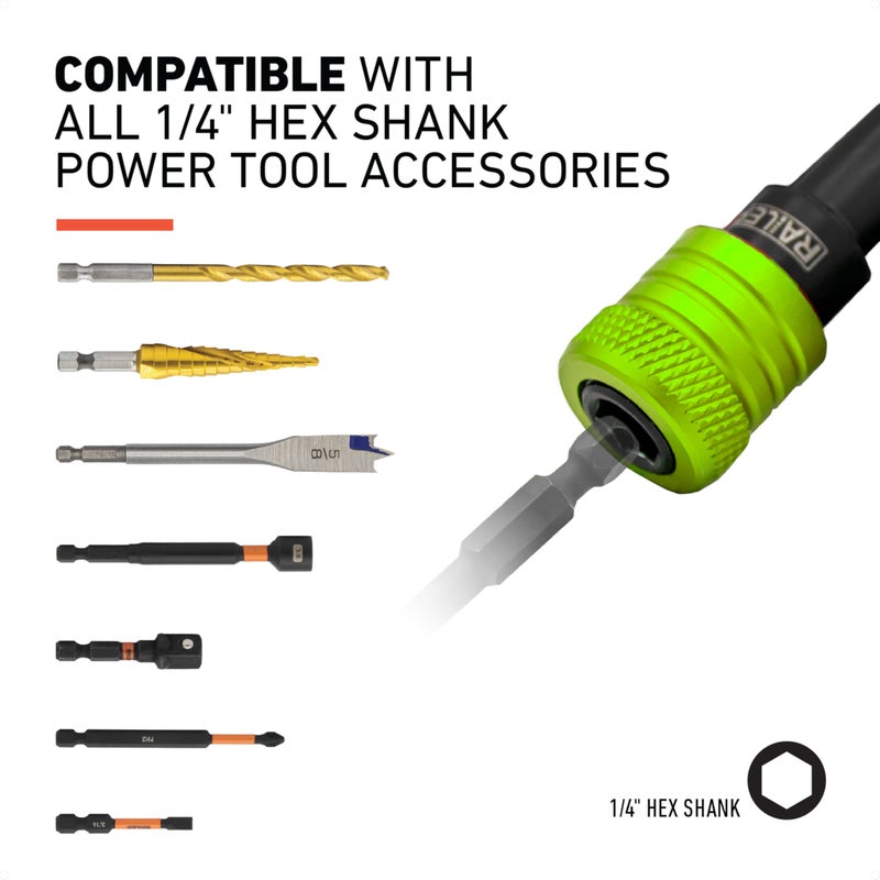 Railer Bit Holder Keychain 5pc - 1/4 inch Hex Shank Bit Holders - Quick Release Bit Holder for Nut Driver, Screwdriver & Drill Bits w/Key Chain Carabiner - Image 2