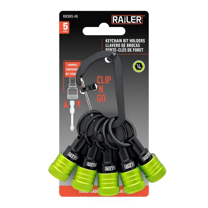 Railer Bit Holder Keychain 5pc - 1/4 inch Hex Shank Bit Holders - Quick Release Bit Holder for Nut Driver, Screwdriver & Drill Bits w/Key Chain Carabiner - Image 1