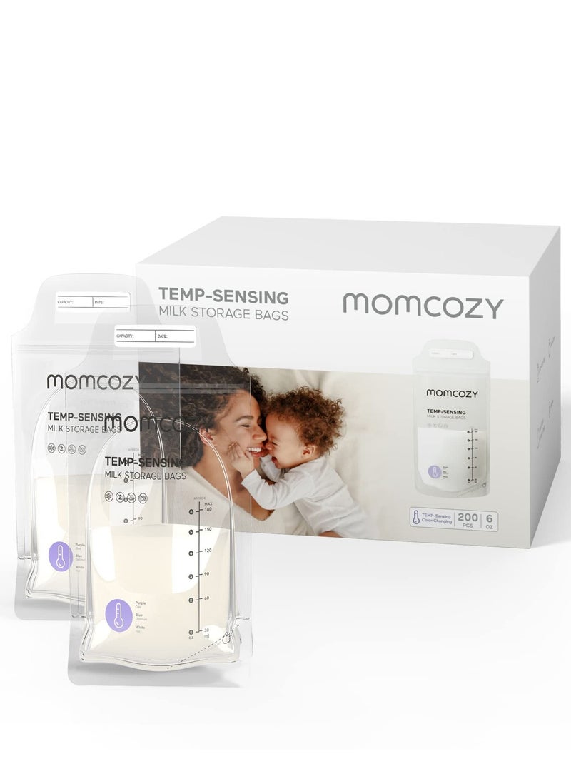 Momcozy أكياس حليب الثدي، أكياس تخزين الحليب التي تستشعر درجة الحرارة وتغير لونها للرضاعة الطبيعية، حقيبة تخزين الحليب للاستعمال مرة واحدة مع 6 أونصة ذاتية الوقوف، أكياس تخزين مجمد الحليب مانعة للتسرب - Image 1
