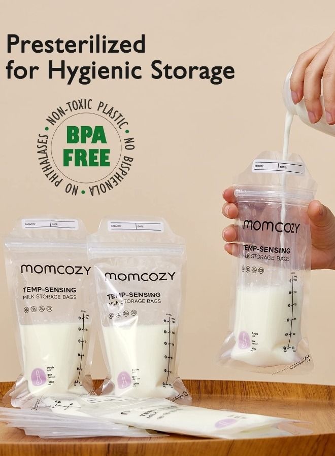 Momcozy أكياس حليب الثدي، أكياس تخزين الحليب التي تستشعر درجة الحرارة وتغير لونها للرضاعة الطبيعية، حقيبة تخزين الحليب للاستعمال مرة واحدة مع 6 أونصة ذاتية الوقوف، أكياس تخزين مجمد الحليب مانعة للتسرب - Image 3