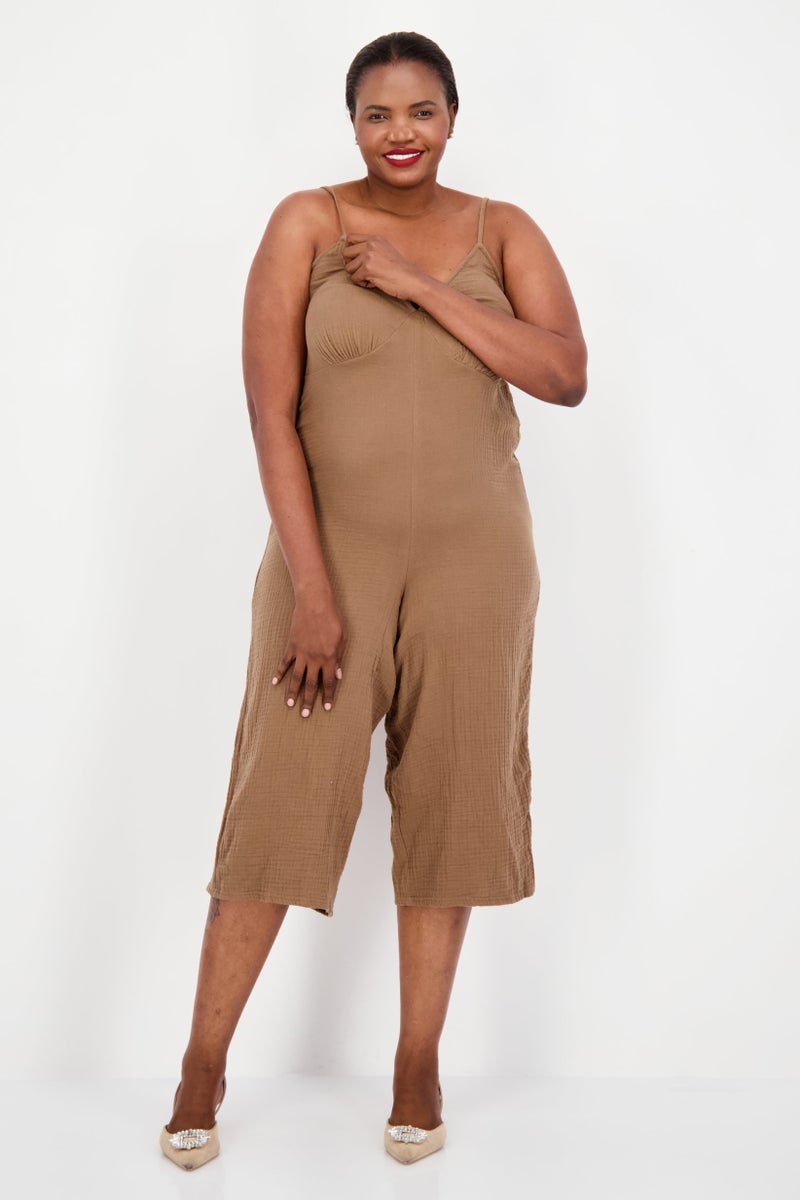 Style Not Size x Jenni Women Plus Size Plain Sleeveless Jumpsuit, Dark Tan  - Image 1
