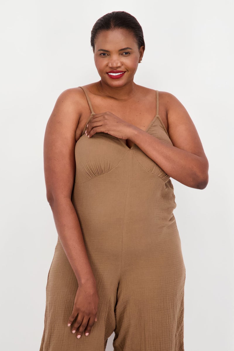 Style Not Size x Jenni Women Plus Size Plain Sleeveless Jumpsuit, Dark Tan  - Image 3