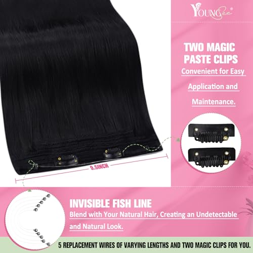 YoungSee Wire Hair Extensions Real Human Hair Jet Black Hair Extensions Wire Black Fish Line Human Hair Extension Long Straight Hair 20In 100G - Image 3