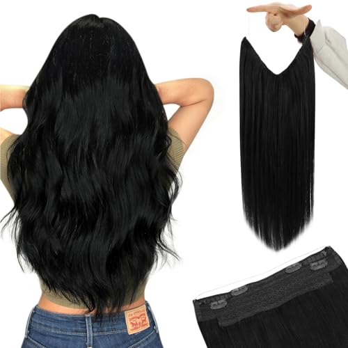 YoungSee Wire Hair Extensions Real Human Hair Jet Black Hair Extensions Wire Black Fish Line Human Hair Extension Long Straight Hair 20In 100G - Image 1