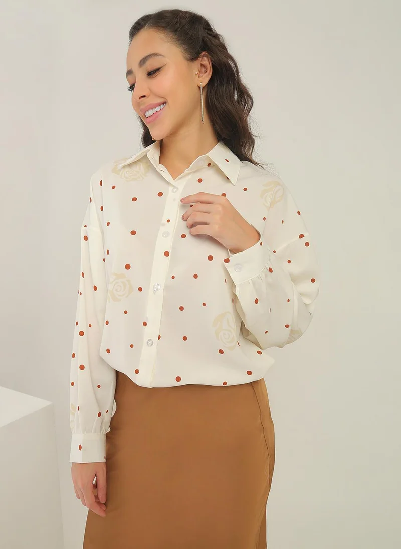 جلو باص Globus Women Beige Polka Dots Collared Neck Cuffed Sleeves Curved Hem Shirt