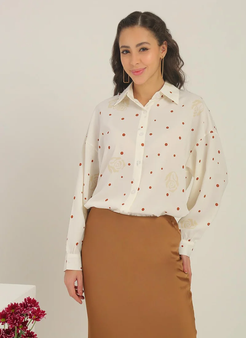 جلو باص Globus Women Beige Polka Dots Collared Neck Cuffed Sleeves Curved Hem Shirt