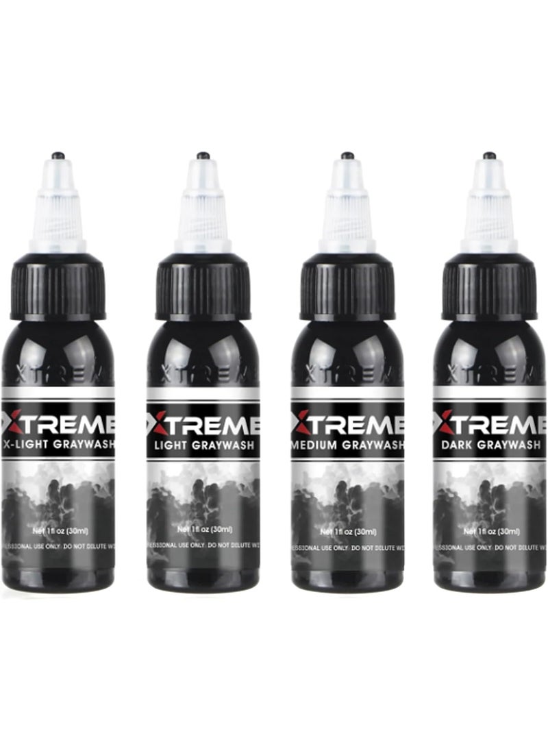 XTREME Xtreme Ink Greywash Set Unleash Artistry with Subtle Shades Extra Light Light Medium and Dark Graywash Ethical Sterilized and ReadytoUse Tattoo Pigment Dispersion Set of 4 1 oz 
