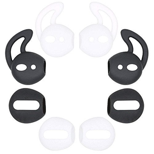 JNSA 4 Pair Ear Tips Silicone Cover Compatible with AirPods, 2X Super Thin Eartips [Fit in Case] & 2X Anti-Drop Sports Ear Hook Gel [Protective & Great Noise-Isolation], White Black - Image 1