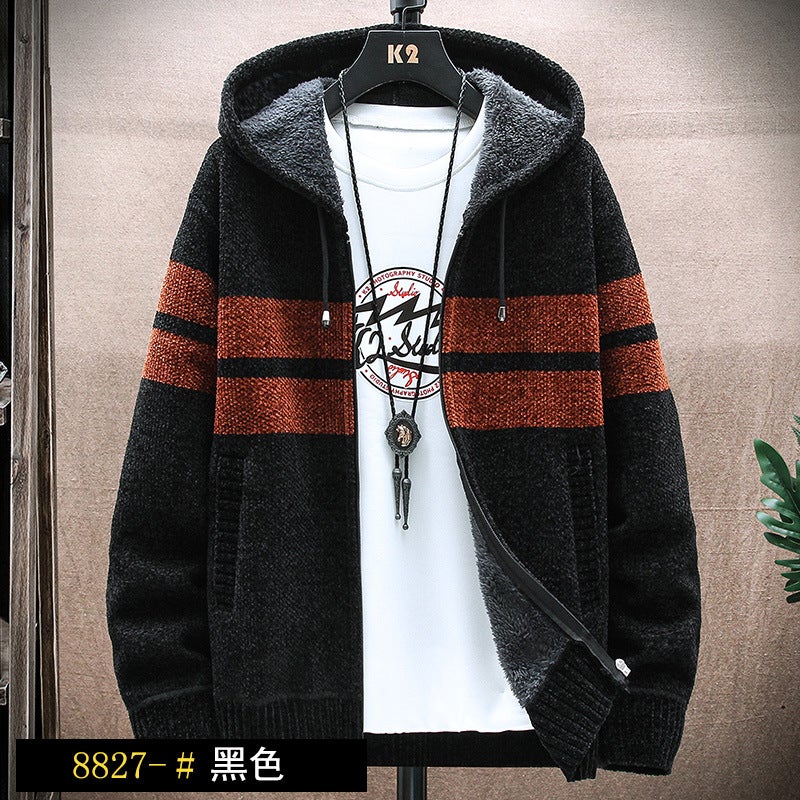2023 Autumn and Winter Hooded Jacket Jacket Mens New Fleece-lined Thickened Zipper Knitted Cardigan Jacket for Young Men 8827 Black  - Image 1