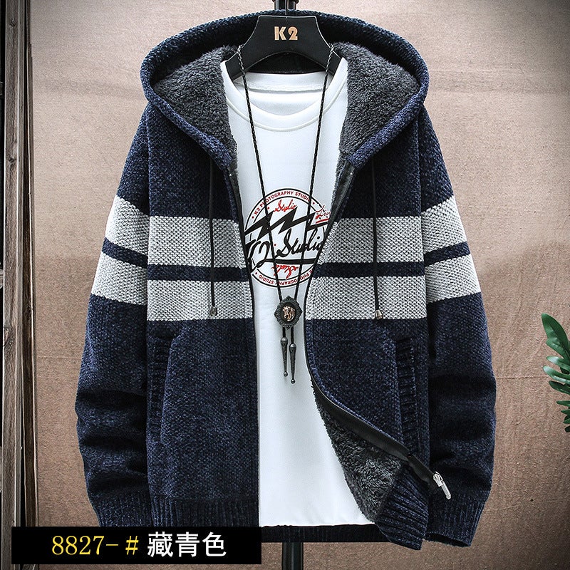 2023 Autumn and Winter Hooded Jacket Jacket Mens New Fleece-lined Thickened Zipper Knitted Cardigan Jacket for Young Men 8827 Black  - Image 2