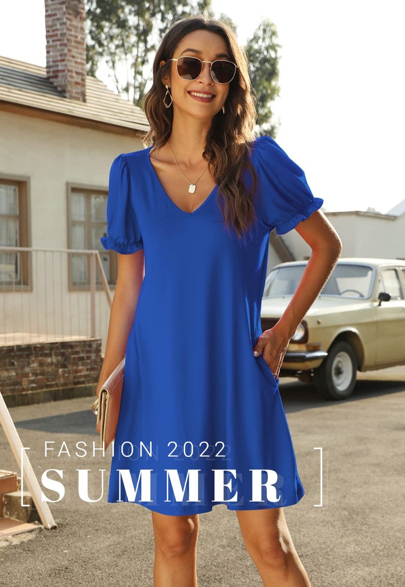 Aloodor Womens Dresses Short Sleeve Boho Beach Dress with Pockets Blue L - Image 2