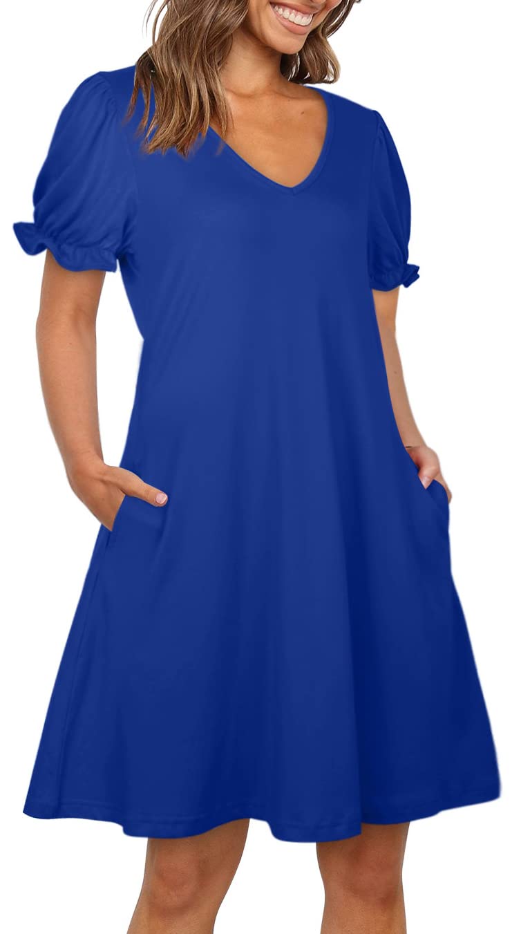 Aloodor Womens Dresses Short Sleeve Boho Beach Dress with Pockets Blue L - Image 3