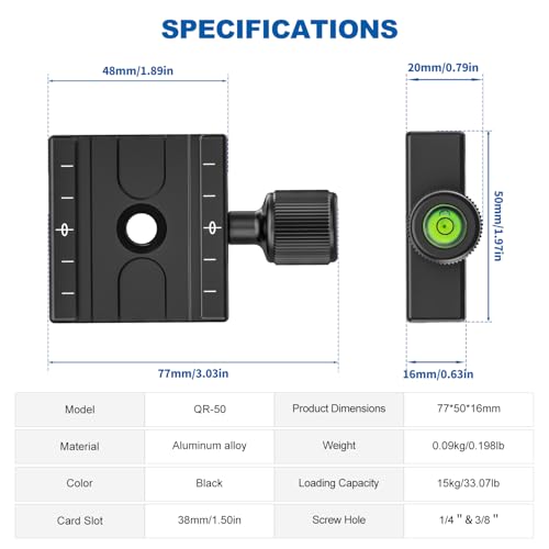 CAVIX QR-50 50mm Quick Release Clamp with 3/8"-1/4" Screw Adapter for Camera Tripod Head Compatible with Arca Swiss Type Plate - Image 3