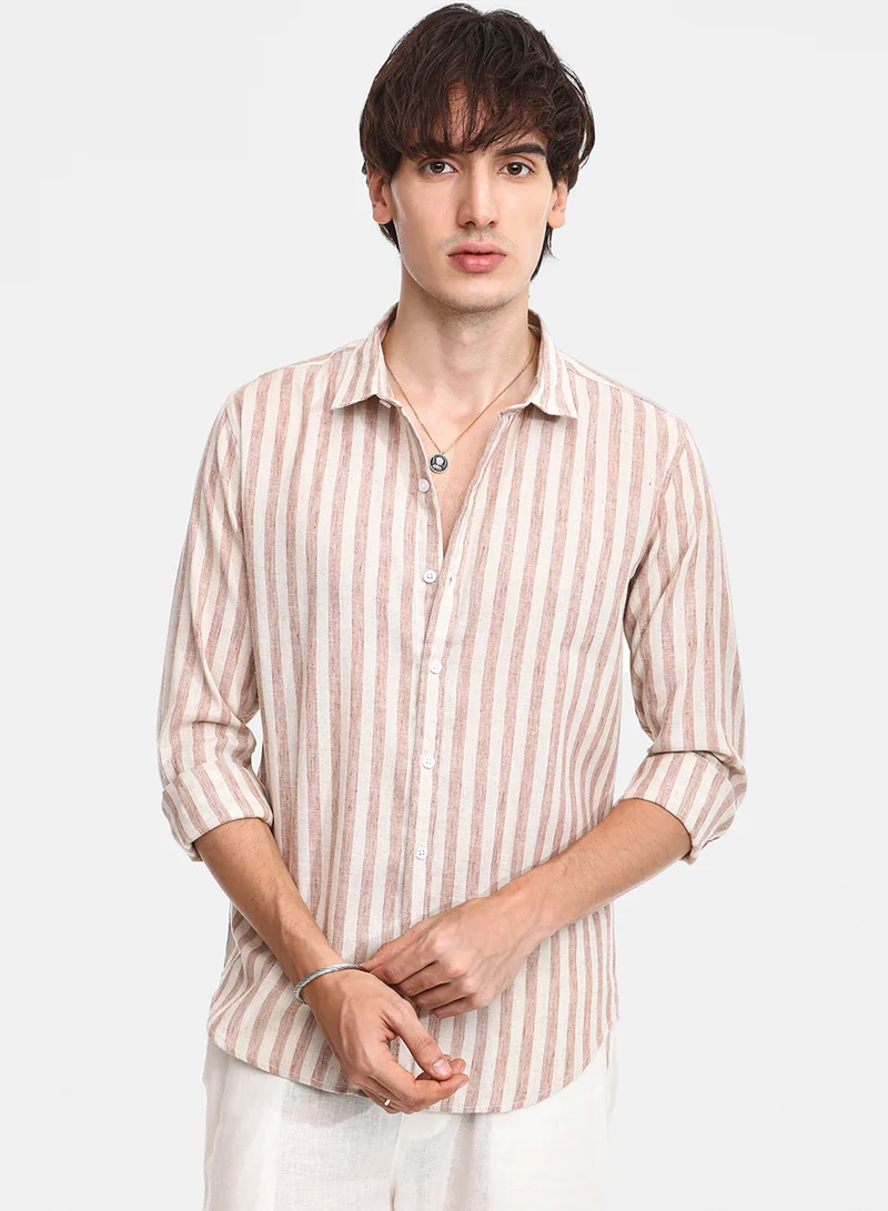 Campus Sutra Men's Tan Brown Heathered-Stripe Shirt For Casual Wear | Spread Collar | Long Sleeve | Button Closure | Shirt Crafted With Comfort Fit For Everyday Wear