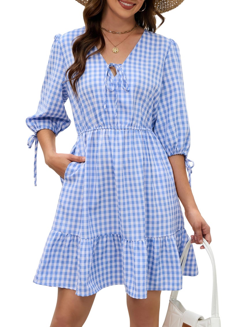 ECOWISH Women's Summer Mini Dress 2026 Tie Front V Neck 3/4 Sleeve A-Line Tiered Flowy Gingham Short Dresses with Pocket Blue Small - Image 1