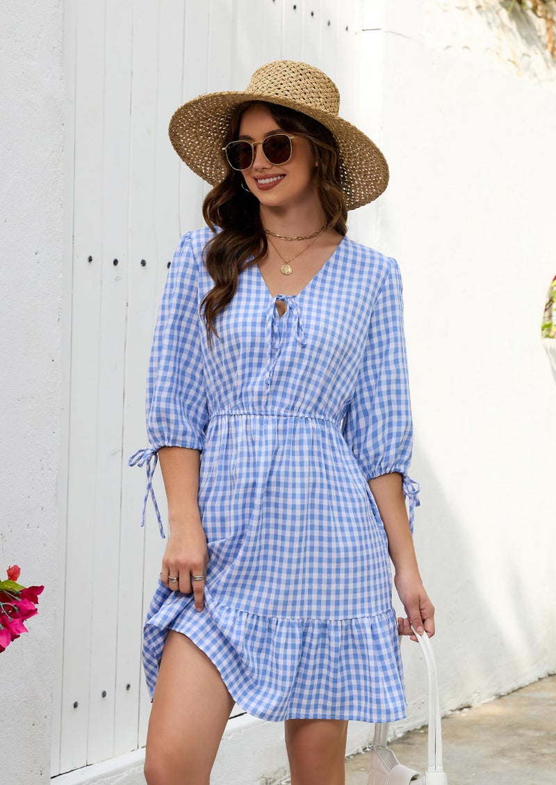 ECOWISH Women's Summer Mini Dress 2026 Tie Front V Neck 3/4 Sleeve A-Line Tiered Flowy Gingham Short Dresses with Pocket Blue Small - Image 2