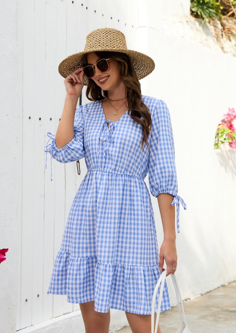ECOWISH Women's Summer Mini Dress 2026 Tie Front V Neck 3/4 Sleeve A-Line Tiered Flowy Gingham Short Dresses with Pocket Blue Small - Image 3