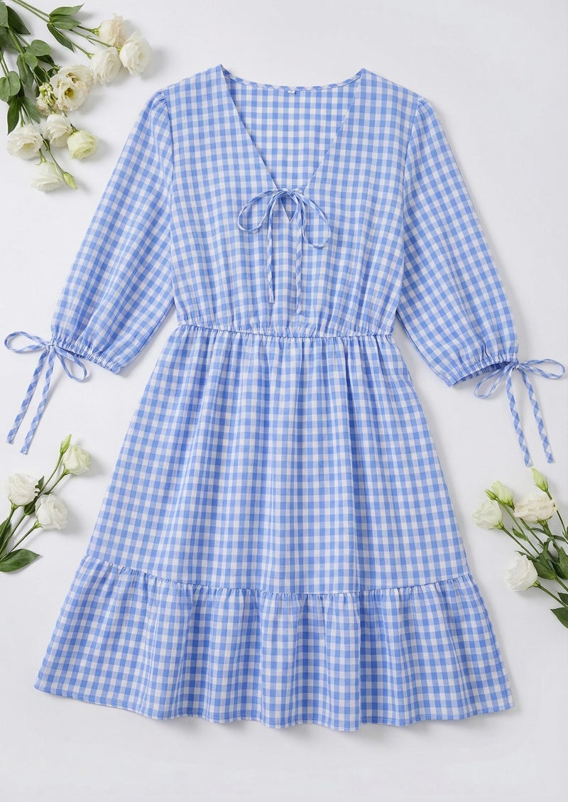 ECOWISH Women's Summer Mini Dress 2026 Tie Front V Neck 3/4 Sleeve A-Line Tiered Flowy Gingham Short Dresses with Pocket Blue Small - Image 5