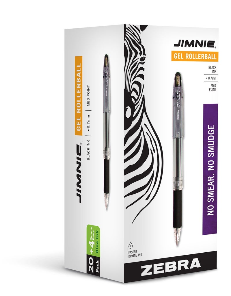 Zebra Pen Jimnie Rollerball Gel Pens, Medium Point, 0.7mm, 24-Count (20 black, 4 blue)