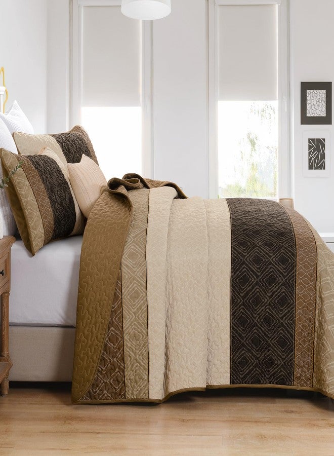 Cottolester Boho Queen Quilt Set,Striped Plaid Bedspread Coverlet Set,Light Brown Bedding Set Soft Microfiber Bedding Set with 2 Pillow Shams 96"x90" - Image 5