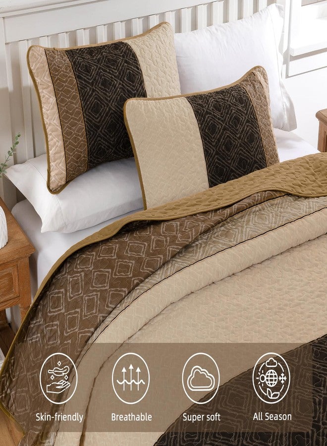 Cottolester Boho Queen Quilt Set,Striped Plaid Bedspread Coverlet Set,Light Brown Bedding Set Soft Microfiber Bedding Set with 2 Pillow Shams 96"x90" - Image 3