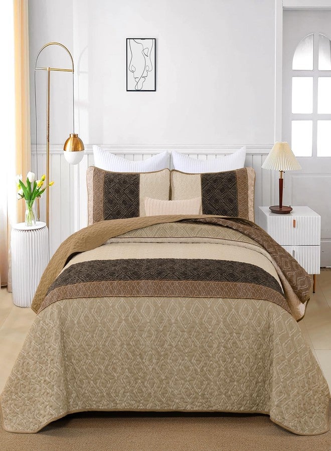 Cottolester Boho Queen Quilt Set,Striped Plaid Bedspread Coverlet Set,Light Brown Bedding Set Soft Microfiber Bedding Set with 2 Pillow Shams 96"x90" - Image 2