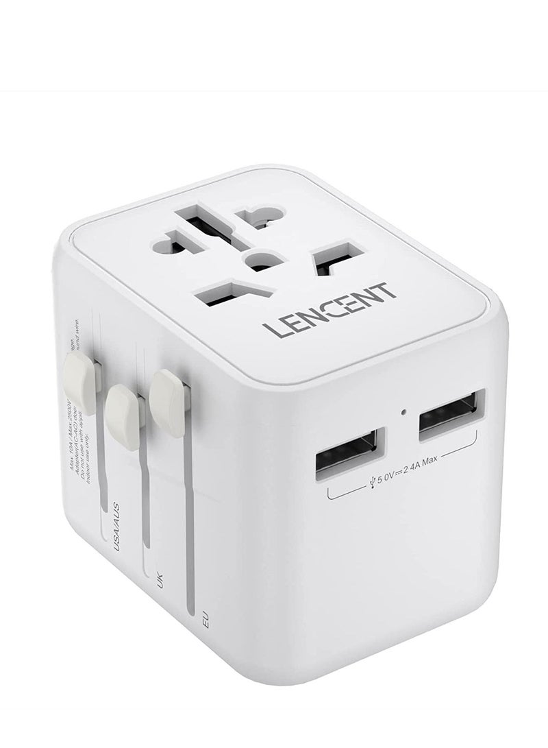 Lencent Universal Travel Adaptor Plug with 2 USB Ports, LENCENT International Power Adapter with UK/USA/EU/AUS Plug, Mini & Compact, All-in-One Worldwide Travel Charger for Over 200 Countries, White - Image 1