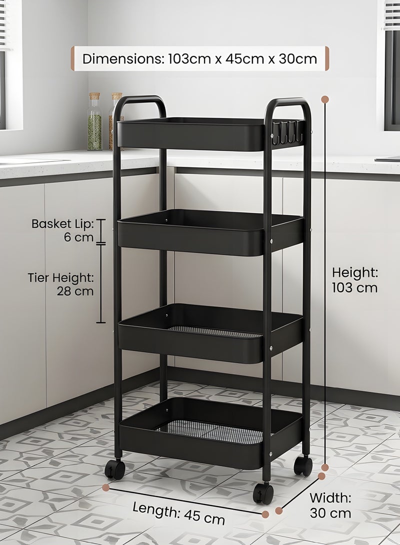 Beauenty 4-Tier Rolling Utility Cart With Wheels,Detachable Utility Storage Cart With Handle And Lockable Casters Multifunctional Organizer For Kitchen,Bathroom,Laundry Room & Living Area（Black） - Image 2
