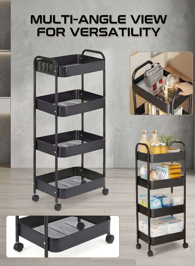 Beauenty 4-Tier Rolling Utility Cart With Wheels,Detachable Utility Storage Cart With Handle And Lockable Casters Multifunctional Organizer For Kitchen,Bathroom,Laundry Room & Living Area（Black） - Image 3