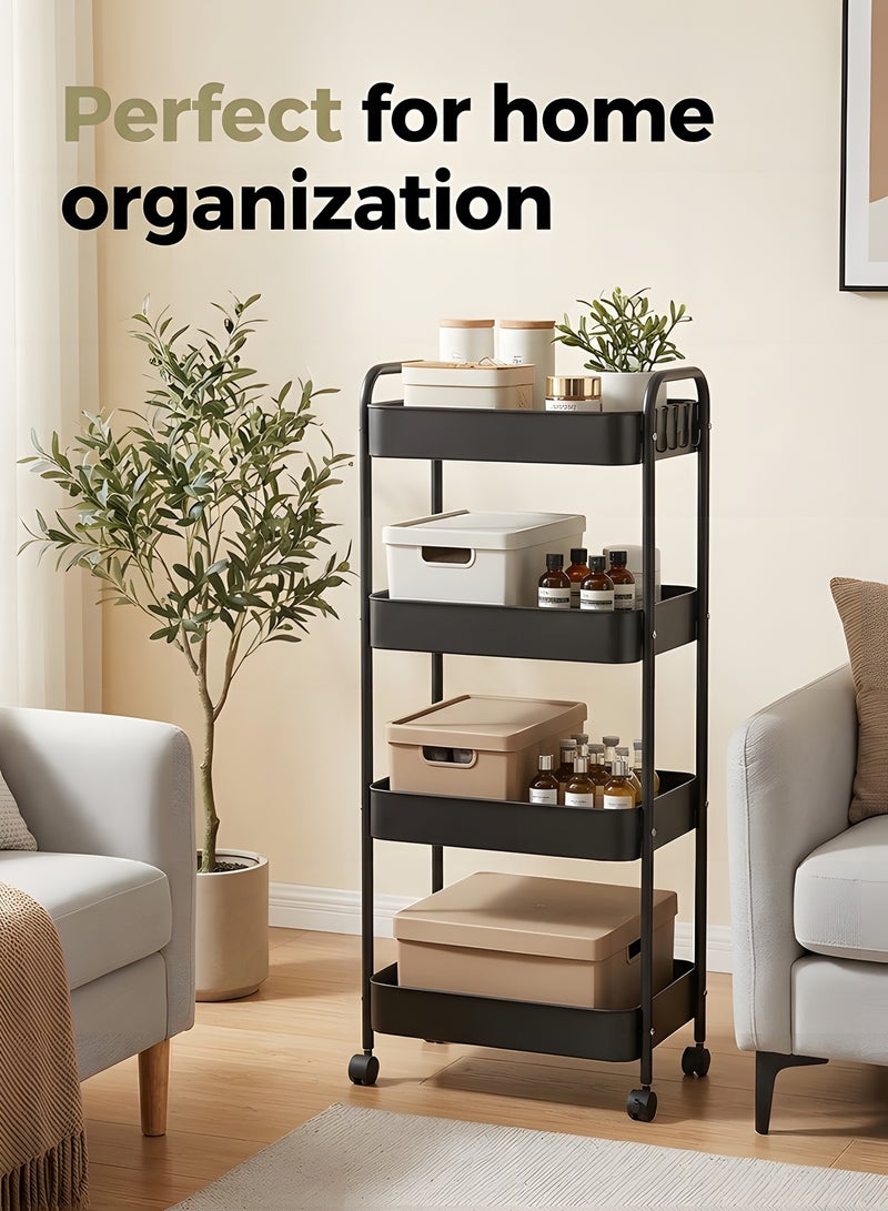 Beauenty 4-Tier Rolling Utility Cart With Wheels,Detachable Utility Storage Cart With Handle And Lockable Casters Multifunctional Organizer For Kitchen,Bathroom,Laundry Room & Living Area（Black） - Image 4