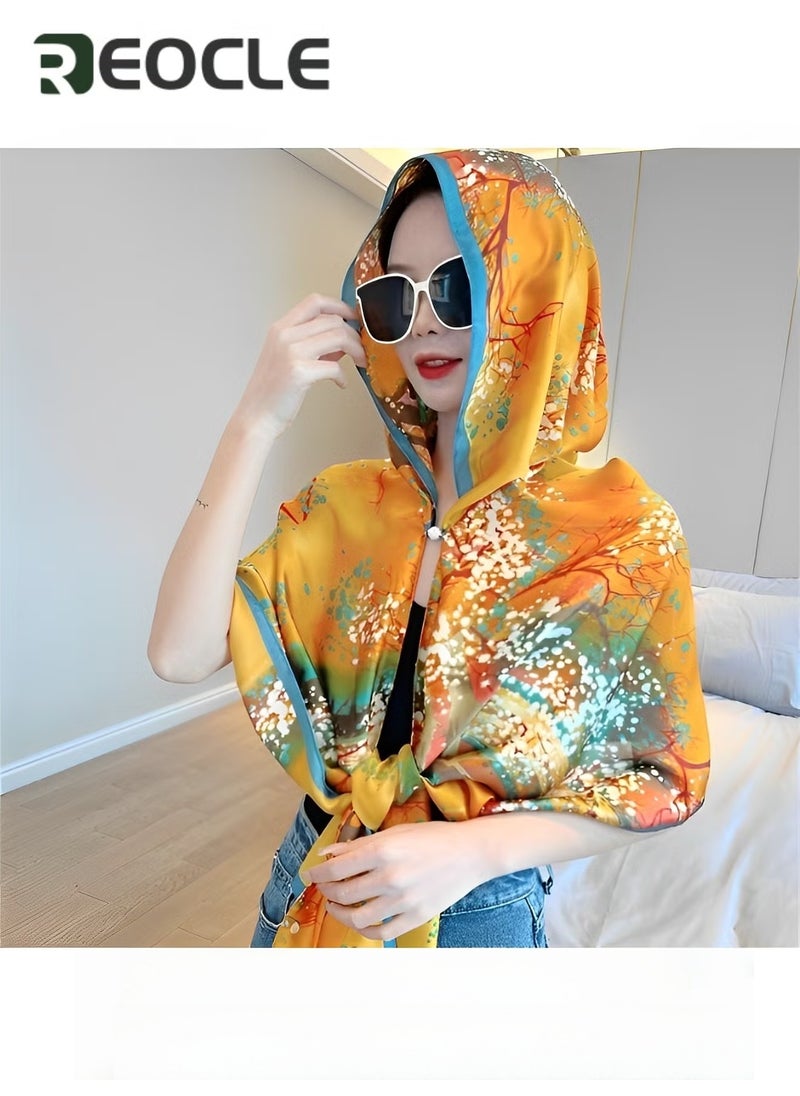 REOCLE Women's Hooded Cape Hooded Shawl Sun Hat Scarf with Magnetic Buckle & Fashion Print Sun Protection Shawl for Spring Autumn Summer - Image 2